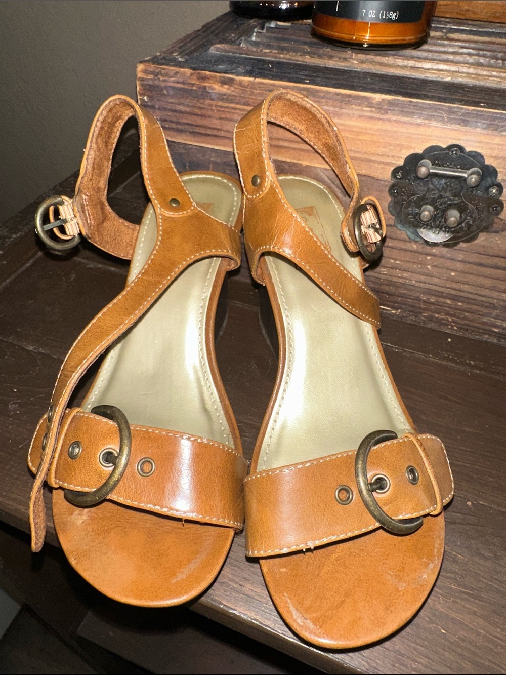 Decree Tan Wedge Sandals with Buckle Detail